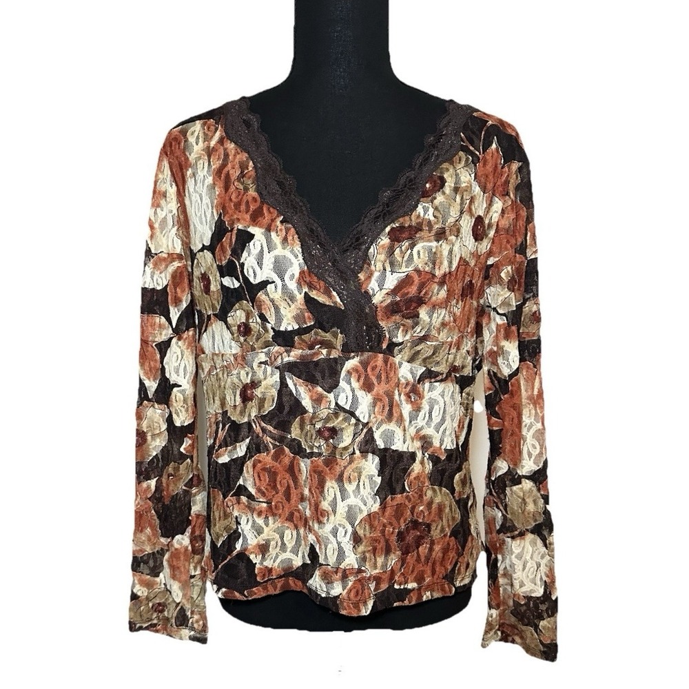 INC VTG Y2K Boho Dark Romantic Long Sleeve Lace Brown Floral Blouse LARGE PETITE